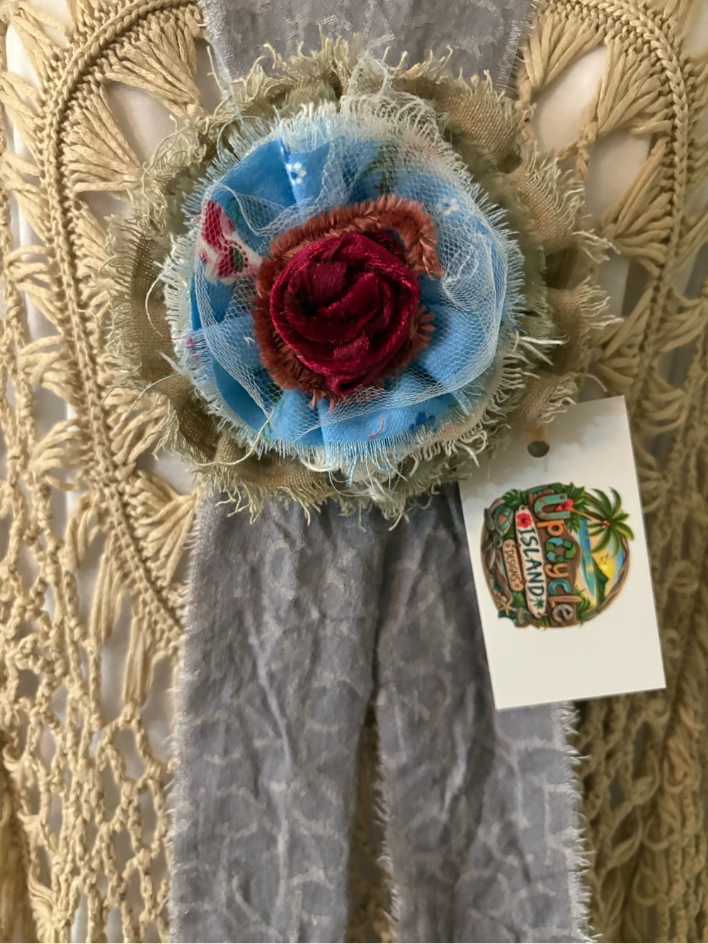 Boho Floral Layered Jabot Necklace with Blue & Red Flower Accent Choker Brooch